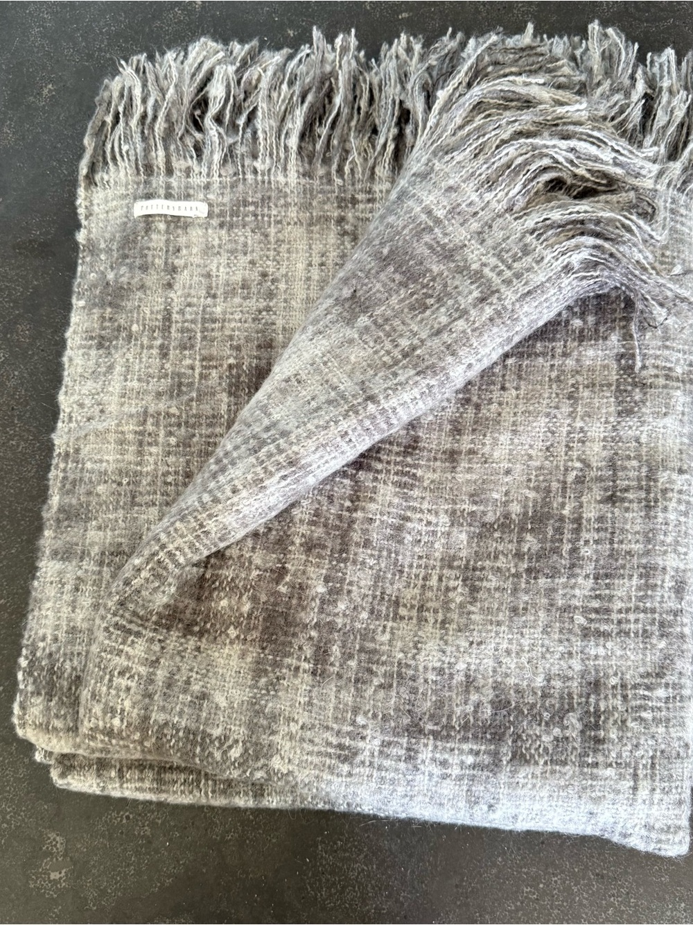 POTTERY BARN Plaid Throw Blanket 50x60 Gray Taupe Fringe Luxe Cozy
